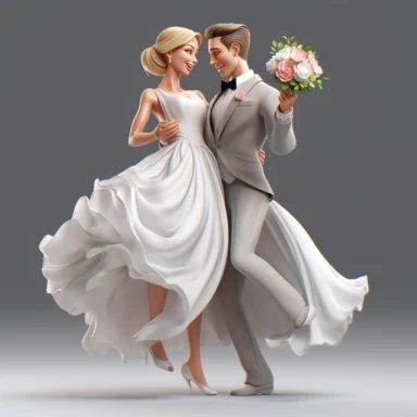 drawing, illustration of the bride and groom, the bride in a short beautiful dress above the knees, very beautiful, slender bride, laughing, wedding dance, holding a bouquet, flowers, clipart, high resolution image, detailed image, photorealistic, 3D, 4K