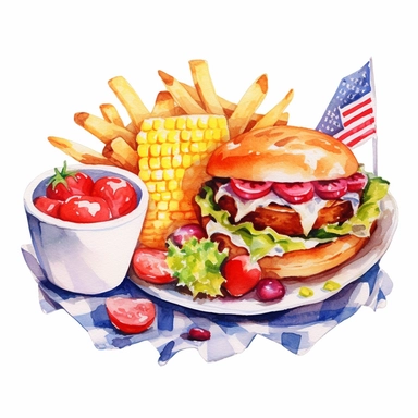 watercolor clipart image, 4th of July, cheese burger, hot dog, pasta salad, fruit salad, white background