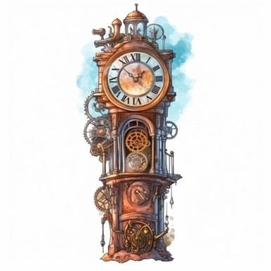 a steampunk grandfather clock, clipart, watercolor, isolated on white background