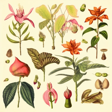 Clipart, vintage, watercolor, historical drawings of diverse and exotic Amazonian flora by pioneering botanists, hand-draw, texture