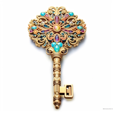 A mesmerizing clipart showcasing a legendary fairy tale tool: a shimmering and ornate key of wondrous proportions. The key should possess intricate details, such as delicate engravings depicting mythical creatures or symbols of magic. Its handle should be crafted from a rare and iridescent material, radiating an ethereal glow. The teeth of the key should be intricate and unique, as if they hold the secrets to unlocking mystical realms. Place the key against a pristine white background.