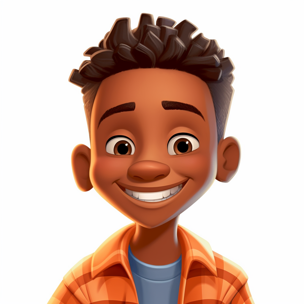 A happy little dark skinned boy with orange shirt, fresh fade haircut ...