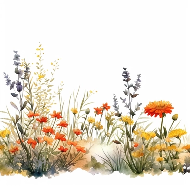 watercolor, hyper realistic, white background, white margins, 16k, ultra detailed clipart, cut out image, hand-drawn, whimsical manhwa style, ultra HD, sharp and clean art a flower bush with a mix of wildflowers. Use an array of warm tones such as tangerine, coral, and burnt orange, to recreate the untamed beauty of a meadow in full bloom