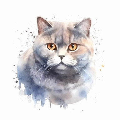 watercolor detail hair solo gray British Shorthair smile big bling eyes lie down no teeth clipart on white background high quality