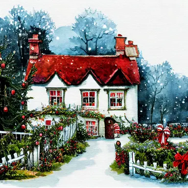 Christmas English country cottage, Christmas, watercolor, clipart