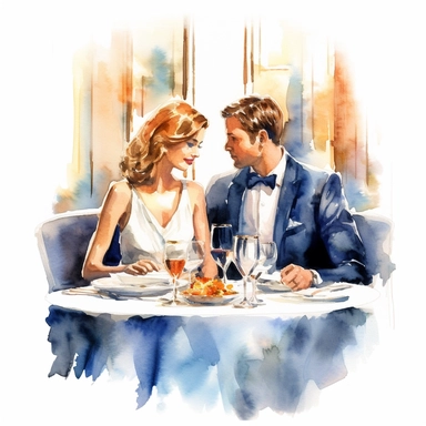 watercolor clipart on a white background of an elegantly dressed beautiful rich couple having dinner in an expensive restaurant