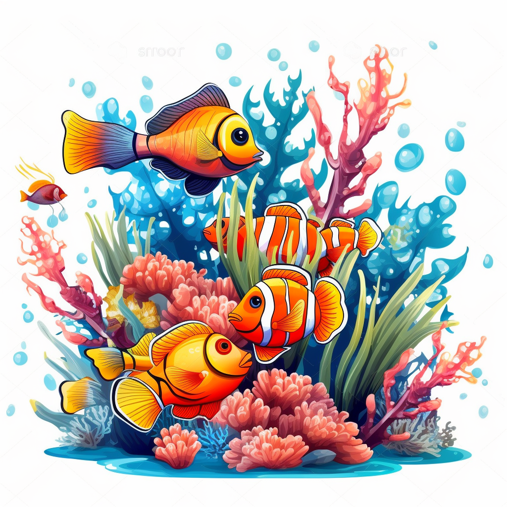 clipart Tropical fish swimming among coral reefs, white background ...