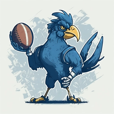 A blue rooster holding an american football ball, standing on a football field, clipart style