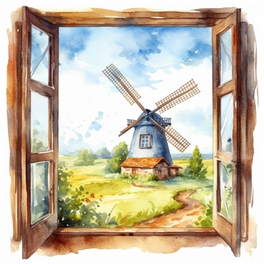An attic window overlooking a spring countryside with a farmhouse and a windmill clipart, white background, watercolor drawing
