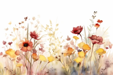 enchanted MAROON AND DUSTY YELLOW flower FIELD WATERCOLOR HAND PAINTED clipart, GREEN WILD LEAVES BETTWEEN FLOWERS AND IN THE BACK, WATERCOLOR AIRY PASTEL COLORS, VISIBLE WATERCOLOR BRUSH TOUCHES, DREAMY AND ELEGANT, COLORFUL DREAMY FLOWERS, white background, WATERCOLOR 8k,