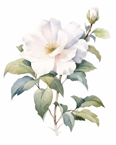 watercolor sketch of Tea Rose with white flower composition, clipart, clean and simple design, realistic color scheme, high-contrast image, white background,