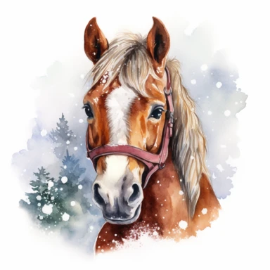 adorable watercolor winter illustration clipart, horse portrait in the snow, winter, dark colours, highly detailed, markers copic style, white background