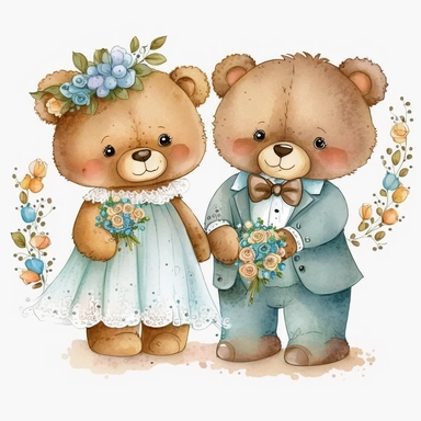cute teddy bears getting married, handpainted, clipart, white background