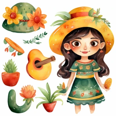 Watercolor cinco de mayo decorations, illustrations clipart set, simple,cinco de mayo colors , cartoon elements, different variants, cinco de mayo mexican hat, fiesta, mexican maracas, cute little girl with traditional mexican dress and hat, cinco de mayo sugar skulls, cinco de mayorose, separate elements with a margin