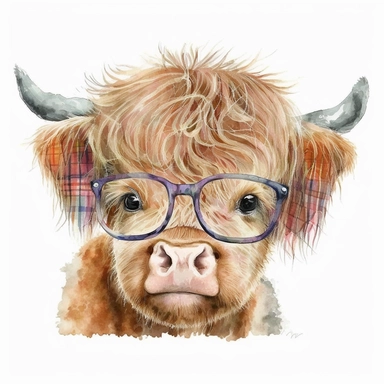 highland cow and glasses watercolor Clipart, Cute Baby Shower Graphics, Nursery Decor Wall Art, Scotland Farm Animal , big eyes on a white background with