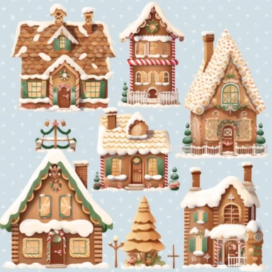 <@936929561302675456> very detailed, gingerbread house town village set of clipart, flat, no 3D, light brown and white, transparent background,