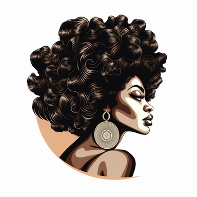 A bold and vibrant clipart design featuring an Afro Black Natural Hair woman. The woman is depicted with a beautiful and voluminous afro hairstyle, showcasing the natural texture and coils of her hair. She is wearing stylish earrings and a confident expression on her face. The design celebrates the beauty and diversity of Afro Black Natural Hair.