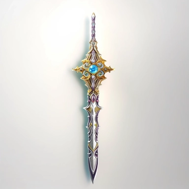 Create a mesmerizing clipart of a legendary sword against a pristine white background. The sword should be forged with exquisite craftsmanship, with an adorned hilt featuring intricate patterns and gemstones. Depict a radiant glow along the blade, hinting at its mythical powers.