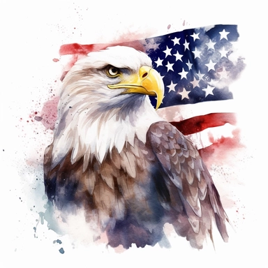 cartoon watercolor american flag with an eagle, very detailed, clipart, modern style, white background, 8k