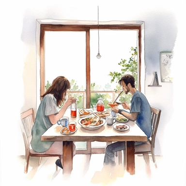 watercolor, hyper realistic, white background with margins, 8k, ultra detailed clipart people enjoying breakfast together, such as a couple, a family, or friends., by the window, countryside view