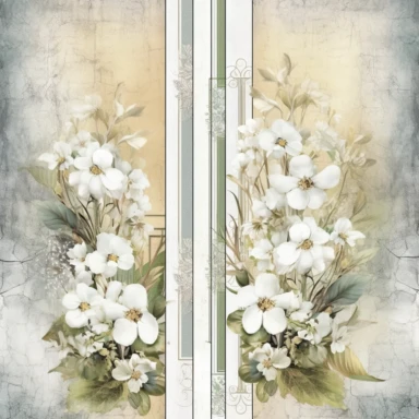 scrapbook paper template, intricate three small bouquets of white floral watercolor clipart on the borders on paper, luxurious textures, nature-inspired pieces, very high resolution
