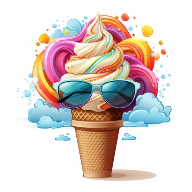 swirl ice cream cone, clipart, rainbow sprinkles, wearing sunglasses, sun, beach, waves, svg color graphic, white background