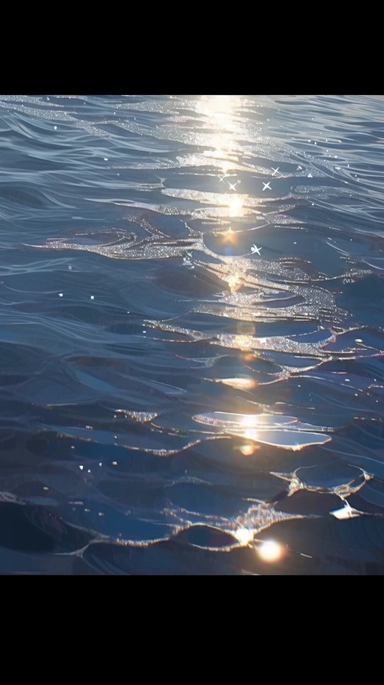 Close-up shot of sparkle on the water surface of the sea, lens focus, photographic shot, film clip, sparkle image. The picture has a dynamic rhythm, beautiful light and shadow, high saturation, oil painting texture, atmosphere, villagecore, cabincore, realistic fantasy art, soft and dreamy depiction, 8k, ultra high definition, symmetrical composition, details, harmonious image
