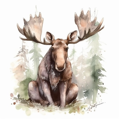 cartoon watercolor cute woodland creature Moose, very detailed, clipart, modern style, white background, 8k--v 5--q 2