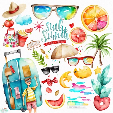 watercolor summer vacation from school clip arts, end of school year clipart, white background, no letters