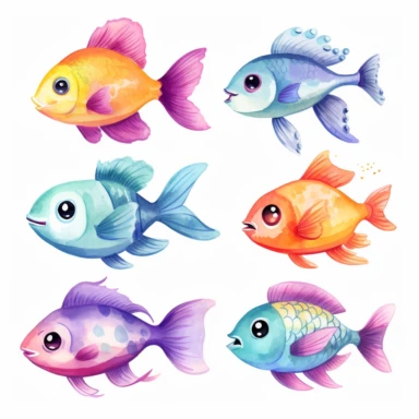 cute fish in different colors, clipart, illustration by joe chou, white background
