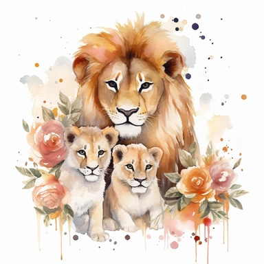 family, baby, lion and lioness,Watercolor Clipart high quality, white background , lion and lioness, cute, love
