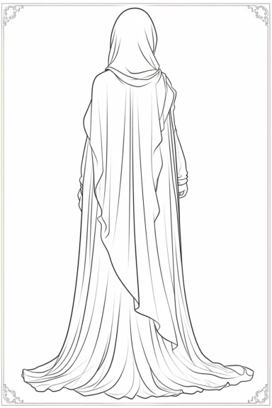 coloring page of a Hijabi woman back view clipart, muslim lady clipart, veiled woman clipart, floral lady hijab clipart , coloring book page for teens, no text, clean and simple line art