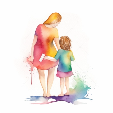 Mother and child reading book, cartoon, watercolour, minimalist , mothers day clipart, bright colour, isolated white background