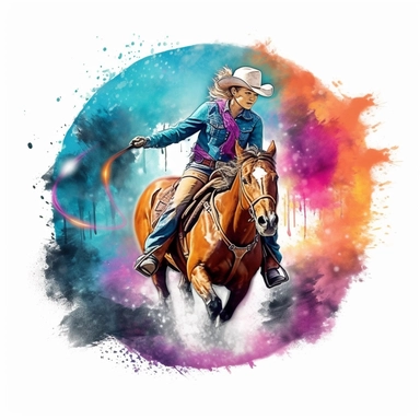barrel racer illustration, nebular mix background, clipart, photorealistic illustration, watercolor, high detail, 8k polished, 8k, vibrant colors, sticker, majestic, die cut, white background