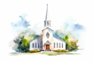 watercolor clipart of small white church prepared for a wedding, in the style of realistic watercolor portrait drawings, algeapunk, transparent/translucent medium, elegant style, hd clipart, no background, clean background, spaced out