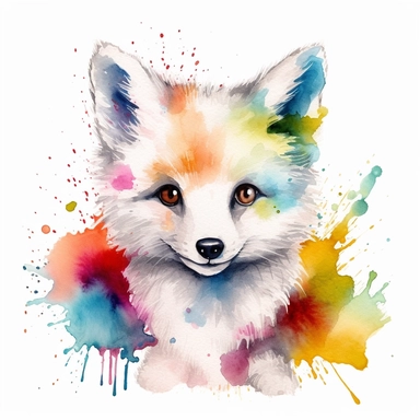 please create watercolor clipart of a baby arctic fox wearing face paint like a clown, smiling, cute ,colorful