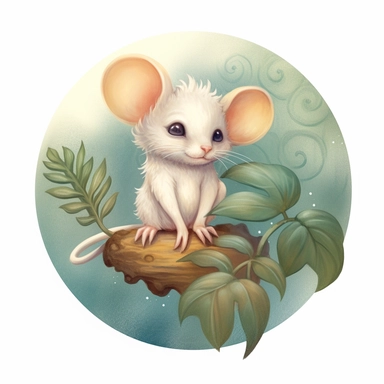 ethereal mystic cute mouse, perched on a leaf, the moon in background, PNG image isolated on a white background, soft gouache style, clipart style, by Amanda Clarke and Laine Bachmann and Nicoletta Ceccoli