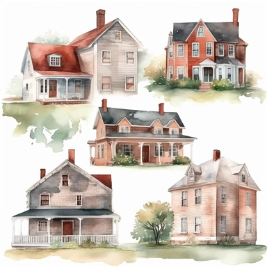 american Country Houses Watercolor clipart set, white background, 8K, high resolution, high detail