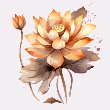 watercolor illustration of lotus flower, pink lotus bloom, flower transparent background png clipart, in the style of ravi zupa, light brown and light amber, multiple filter effect, catherine nolin, qiu shengxian, delicate painterly touch, gray and brown, isolated on white background--ar 49:52