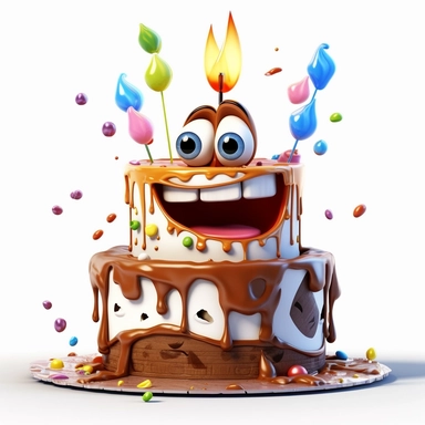 clipart of a messy two layer birthday cake, there is a funny face in the cake, candles, cartoon, for kids, funny, pixar, 8k, white background, sharp focus, detailed,