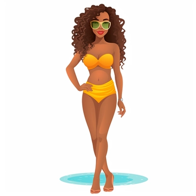 Create a realistic clip art of an African American woman in her mid-twenties with long wavy brown hair, dressed in a two-piece bikini with a bright-colored top and a complementing shade for the bottom. She should be wearing high heels that add height to her curvy figure and have hips that are prominently displayed with a gentle curve to them. Her skin tone should be medium to dark and have a confident and attractive demeanor.