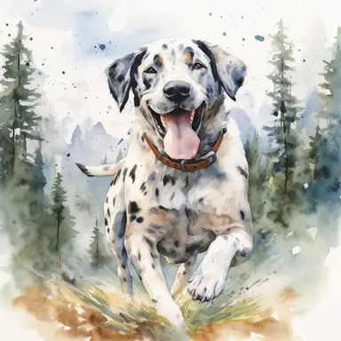 Painting and Illustration Watercolor Print Portrait of a Huge Dog Running in the Woods Sticking Out Its Tongue and Mountain Behind Him Wall Art Clipart Print Art Watercolor Painting Watercolor Appaloosa Mountain Dog Art Udal Art for Commercial Use