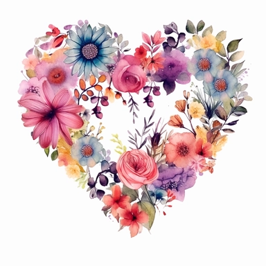 floral heart made of small flowers, lots of detailes, watercolor clipart, vibrant colors, white background