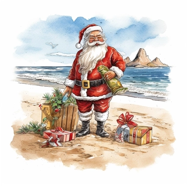 Watercolour of a santa on the beach , Clipart,Cartoon,hyper realistic, intricate detail isolated on a white background, high quality, sublimation, detailed, cartoon style