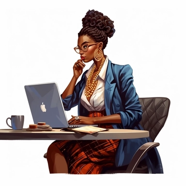 african american lady boss wearing fashionable bold clothes, sitting at the desk and working on the computer, realistic illustration, clipart, isolated on white background, 4K