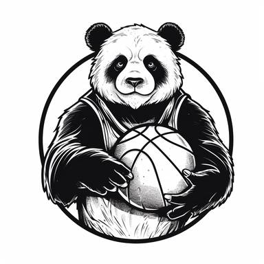 2D Black logo on a white background. Black and white Panda Man Hybrid plays basketball Clipart. NO SHADING. KEEP THE LOGO SIMPLIFIED