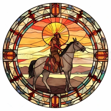 An arrowhead-shaped stained glass window clipart, featuring a mighty Native American warrior on horseback against a backdrop of a setting sun. Rendered in a hand-drawn, watercolor style with a white background for easy cutting.
