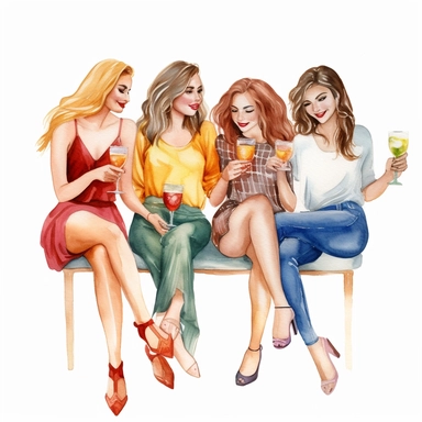 clipart,watercolor, 4 girlfriends sitting, holding cocktails, all smiling, white background