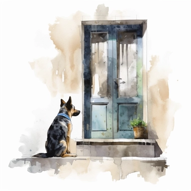 graphic design watercolor style, graphic design of dog sitting next to the door in the back clipart, surrounded, isolated on white background, hd, 4k, detailed