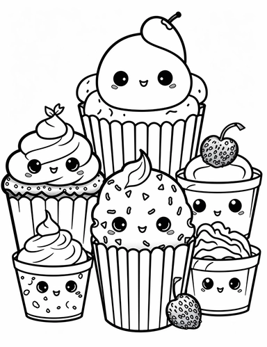 Kawaii muffins with delightful designs and flavors, like blueberry, chocolate chip, and banana For Simple Coloring page,line art, thick lines, black and white,clipart, illustration, on white background,margin Page 10px